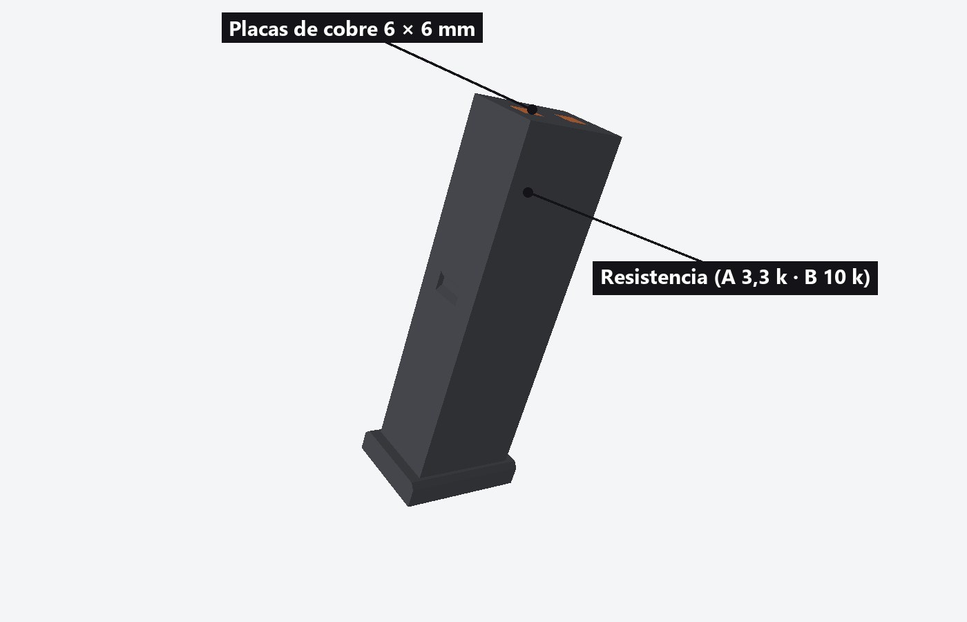 Cargador con sus dos placas de cobre y la resistencia dentro