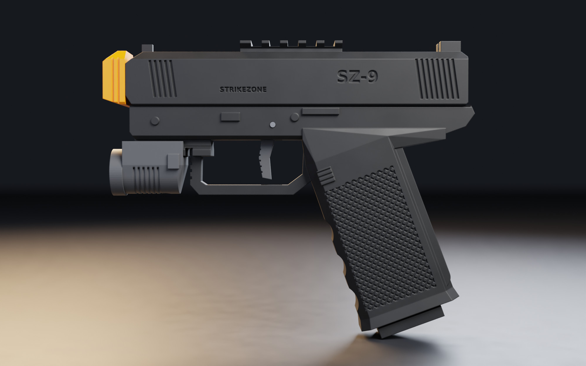 Pistola SZ-9, lado izquierdo, negra con punta naranja